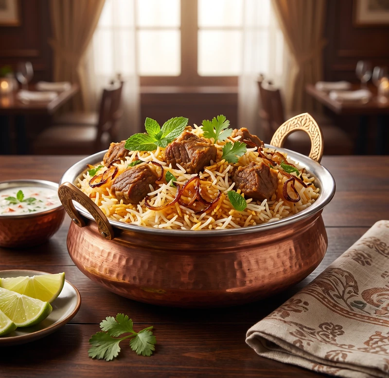 Lamb biryani layered with basmati rice, saffron and fried onions on St. Mary's Road, Winnipeg